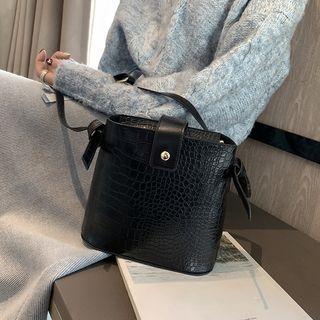 Faux-leather Croc-grain Bucket Tote Bag