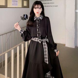 Long-sleeve Plaid Panel Asymmetrical Midi A-line Dress