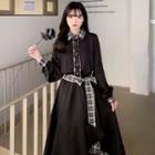 Long-sleeve Plaid Panel Asymmetrical Midi A-line Dress
