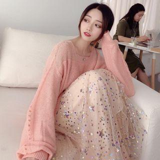 Set: Plain Sweater + Sequined Maxi A-line Mesh Skirt