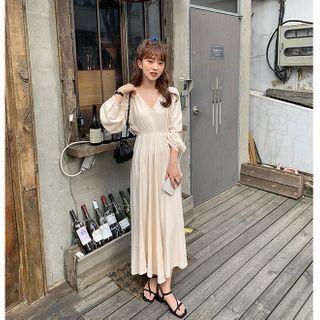Smocked-waist Maxi Peasant Dress Cream - One Size