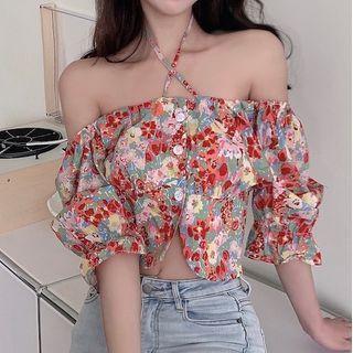 Off-shoulder Halter Floral Blouse As Shown In Figure - One Size