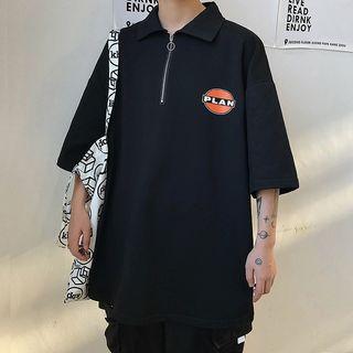 Couple Matching 3/4-sleeve Printed Zip Placket T-shirt