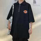 Couple Matching 3/4-sleeve Printed Zip Placket T-shirt