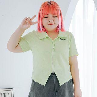 Plus Size Short-sleeve Collar Lettering T-shirt