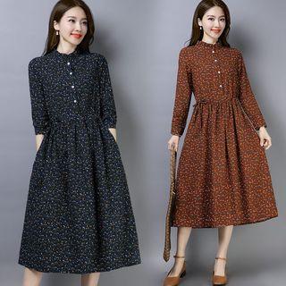 Long-sleeve Buttoned Floral-print Midi A-line Dress