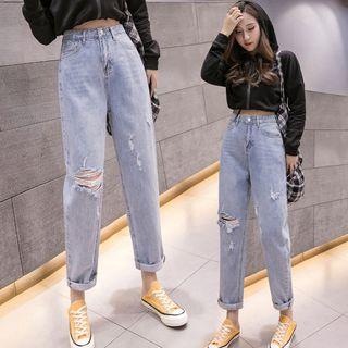 High Waist Ripped Straight Jeans