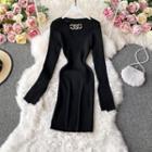 V-neck Chain-detail Long-sleeve Knit Dress