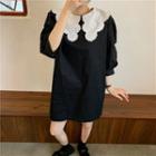 Balloon-sleeve Lace Collar A-line Dress Black - One Size