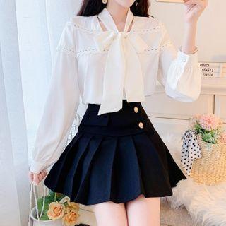 Ribbon-neck Blouse / Pleated Skirt / Set
