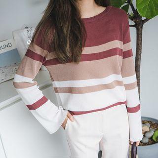 Three-tone Round-neck Long-sleeve Knit Top