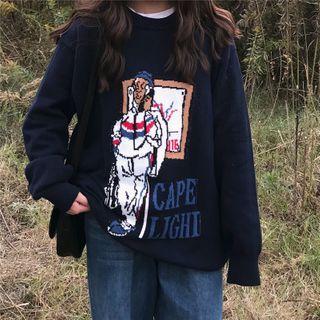 Round-neck Cartoon Printed Knitted Sweater Navy Blue - One Size