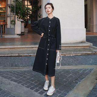Contrast Stitching Long-sleeve Midi Shift Dress