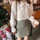 Mock Two-piece Bell-sleeve Dotted Blouse Almond - One Size