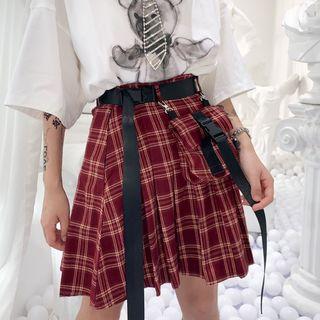 Pocket Detail Plaid Pleated Mini Skirt