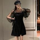 Mesh-sleeve Tweed Faux Pearl A-line Dress