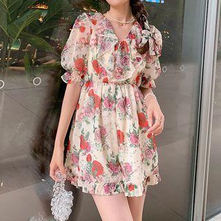 Short-sleeve Ruffle Trim Floral Lace-up Skorts / Spaghetti-strap Floral Dress / Long-sleeve Plain Chiffon Cardigan