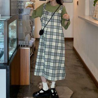 Oversize Elbow-sleeve T-shirt / Plaid Midi Jumper Dress