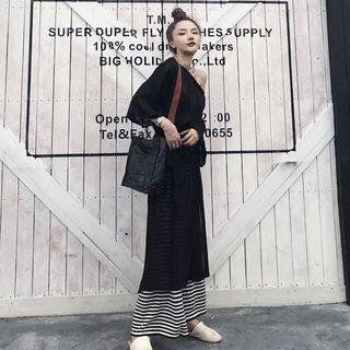 Plain Off-shoulder Long-sleeve Loose-fit Top / Striped Wide-leg Pants