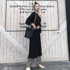 Plain Off-shoulder Long-sleeve Loose-fit Top / Striped Wide-leg Pants