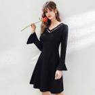 Faux Pearl V-neck Bell-sleeve A-line Knit Dress