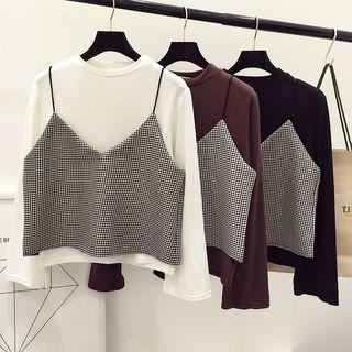 Set: Flare-sleeve Plain Top + Spaghetti-strap Cropped Top