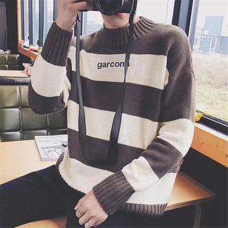 Mock Neck Lettering Two Tone Sweater