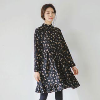 Mandarin-collar Shirred-waist Floral Shirtdress