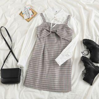 Set: Blouse + Plaid Overall Dress