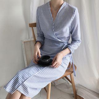 Striped Long-sleeve Wrap Dress