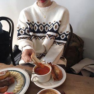 Color-block Pattern Round-neck Loose-fit Sweater