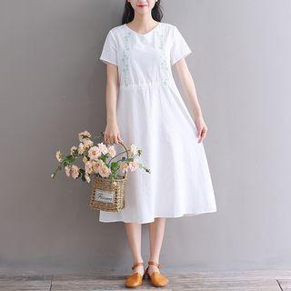 Flower Embroidered Short-sleeve Midi A-line Dress