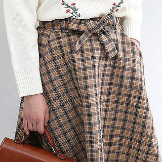 Band-waist Plaid A-line Skirt With Sash