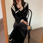 Long-sleeve Lace Trim Sailor-collar Midi Dress Black - One Size
