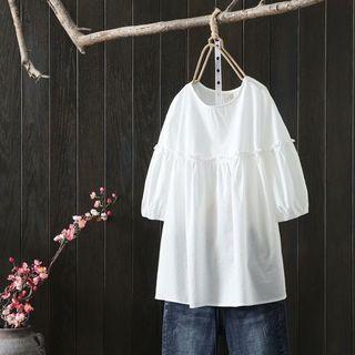 Lantern-sleeve Round-neck Plain Top