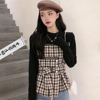 Long-sleeve Tweed Panel Top