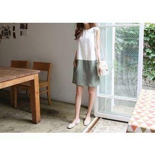 Sleeveless Color-block Linen Shift Dress