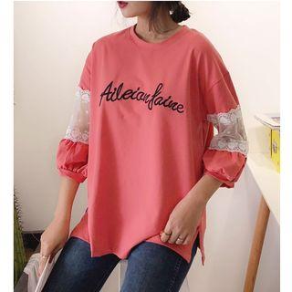 3/4-sleeve Sheer Panel Embroidered Top