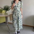 Puff-sleeve V-neck Printed Dress As Show In Figure - One Size