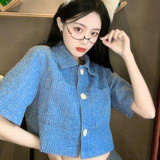 Short-sleeve Cropped Denim Shirt Blue - One Size