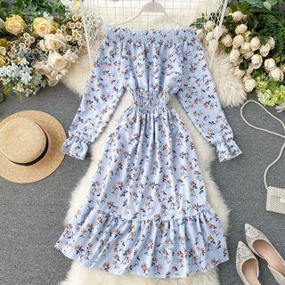Off-shoulder Bell-sleeve Midi Floral A-line Dress