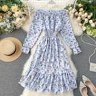 Off-shoulder Bell-sleeve Midi Floral A-line Dress