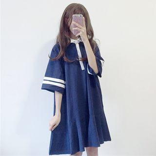 3/4-sleeve Contrast Trim Shirtdress