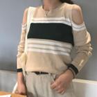 Open Shoulder Stripe Long-sleeve Knit Sweater