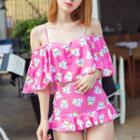Set: Cat Print Off Shoulder Bikini + Swim Skirt
