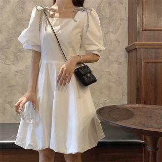 Puff-sleeve Glitter Bow Square-neck A-line Dress