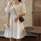 Puff-sleeve Glitter Bow Square-neck A-line Dress