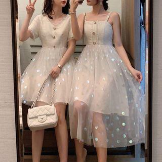 Plain Short-sleeve A-line Dress / Strappy Midi Dress