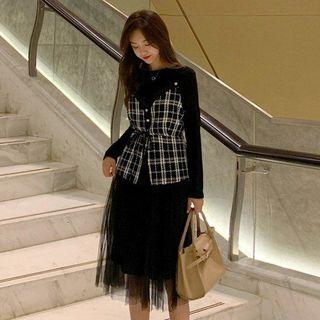 Long-sleeve Knit Top / Tweed Panel Midi A-line Pinafore Dress