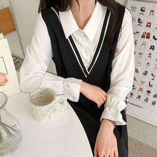 Inset Bell-cuff Blouse Contrast-trim Dress